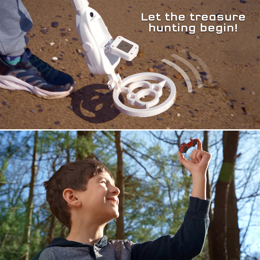 Metal detector on the ground with text 'Let the treasure hunting begin!' and a boy outdoors holding a small object.