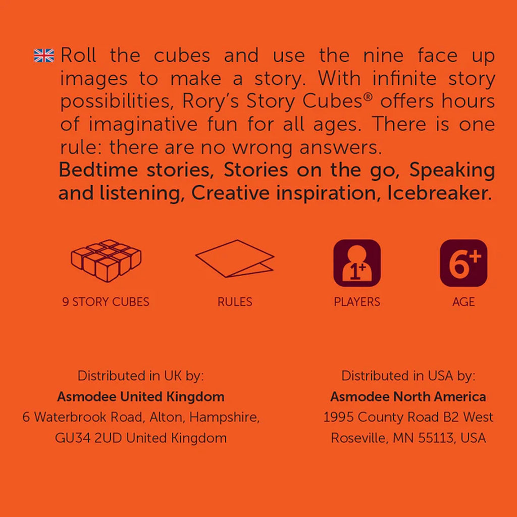 Product description of Rory's Story Cubes with text and icons on an orange background