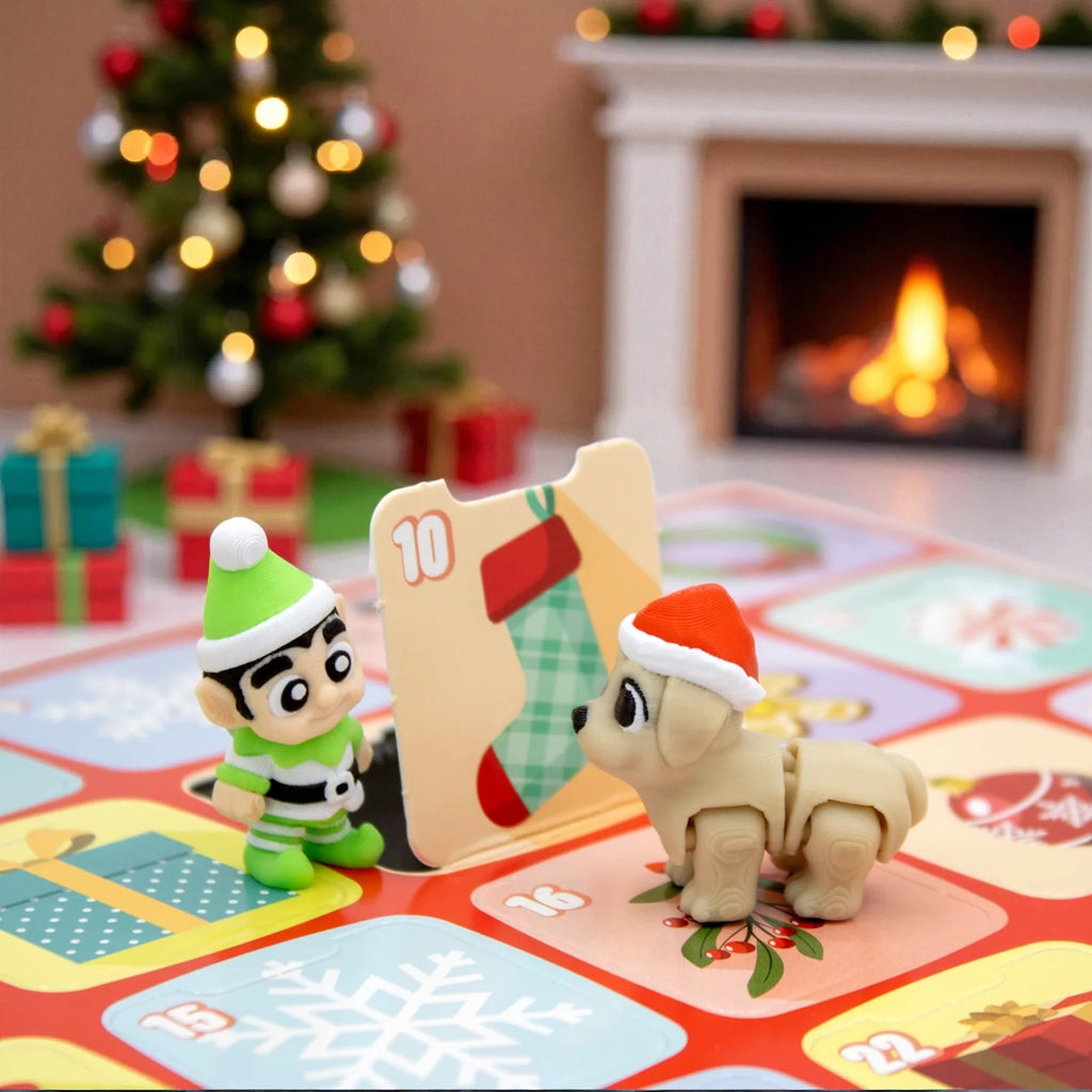 Two Christmas-themed figurines on top of Wigglitz advent calendar with a festive background including a tree and fireplace.