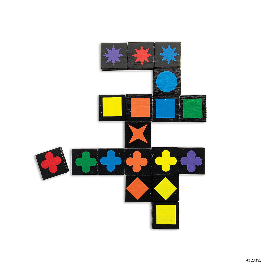 Colorful geometric shape tiles arranged on a white background