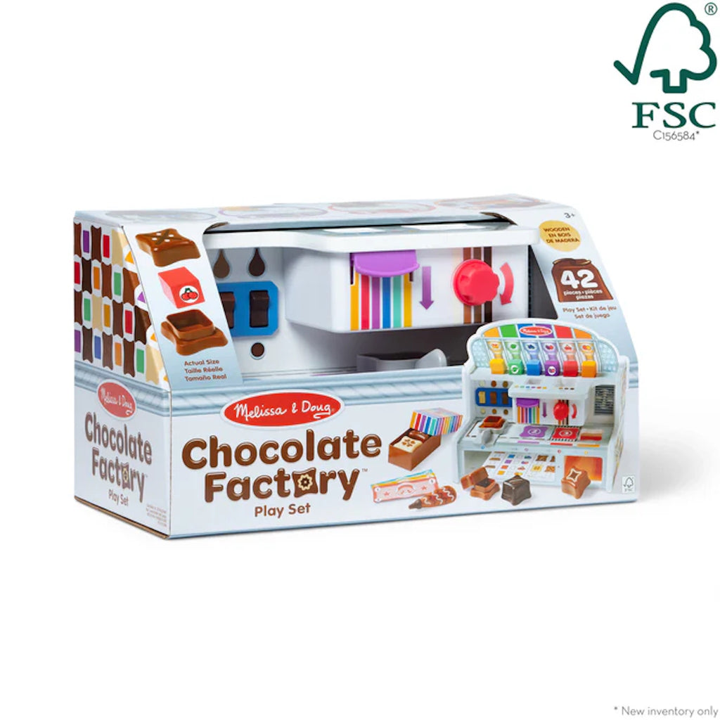 Melissa & Doug Chocolate Factory play set packaging on a white background with FSC logo.
