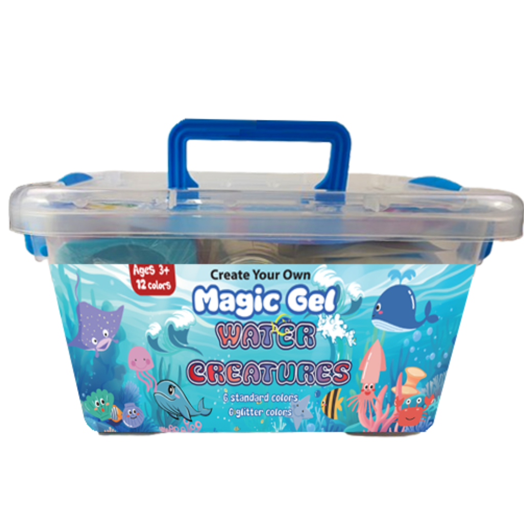 Container of Magic Gel Water Creatures with blue handle and colorful packaging on a white background