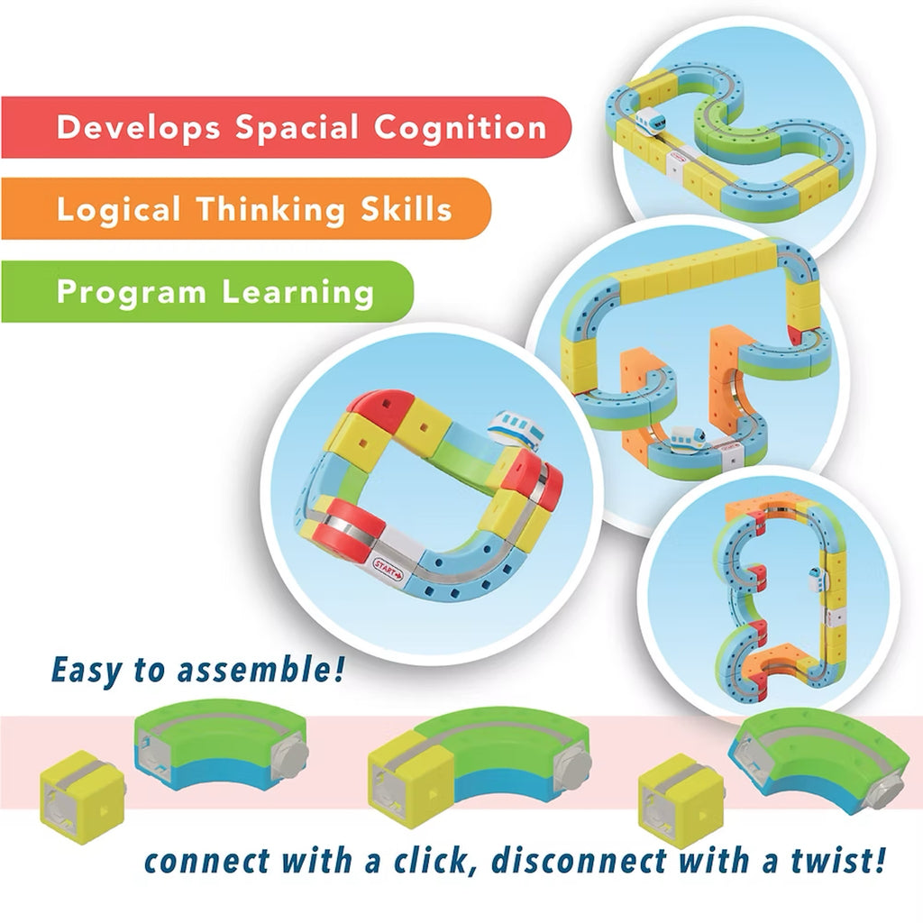Colorful toy track set with educational benefits on a white background