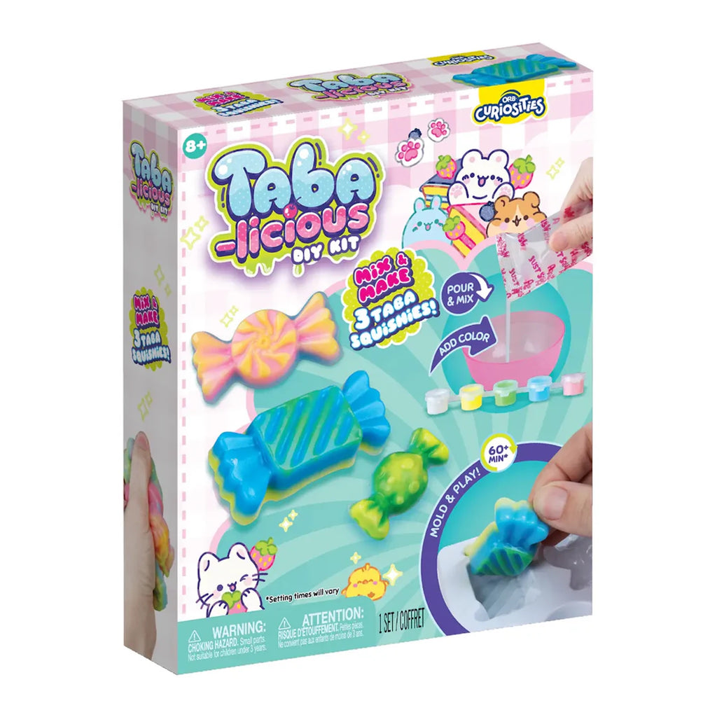Box of Taba-licious DIY kit with colorful candy taba squishies on a white background