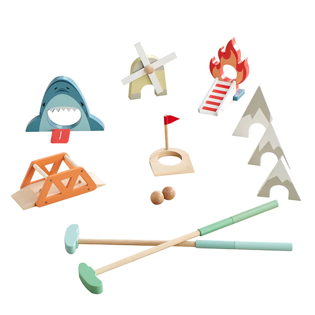 Set of wooden Putt Putt Golf including a shark, windmill, and campfire on a white background