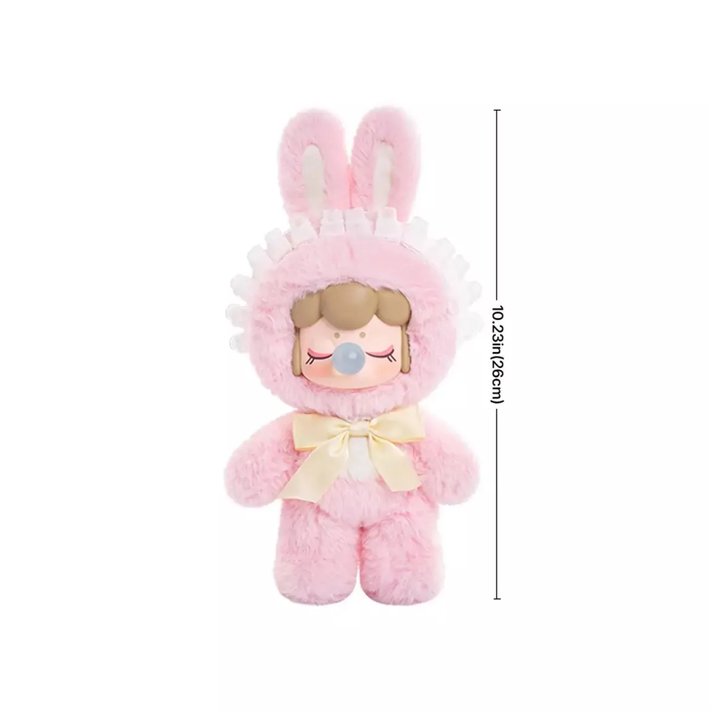 Pink plush toy with bunny ears and a measurement label on a white background