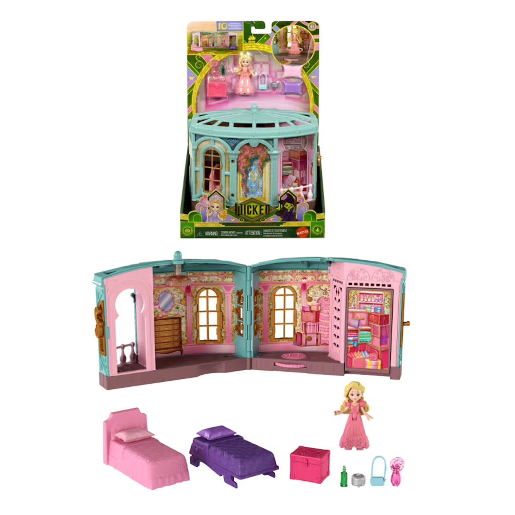 Wicked toy dollhouse with furniture and a doll, shown both open and in packaging.