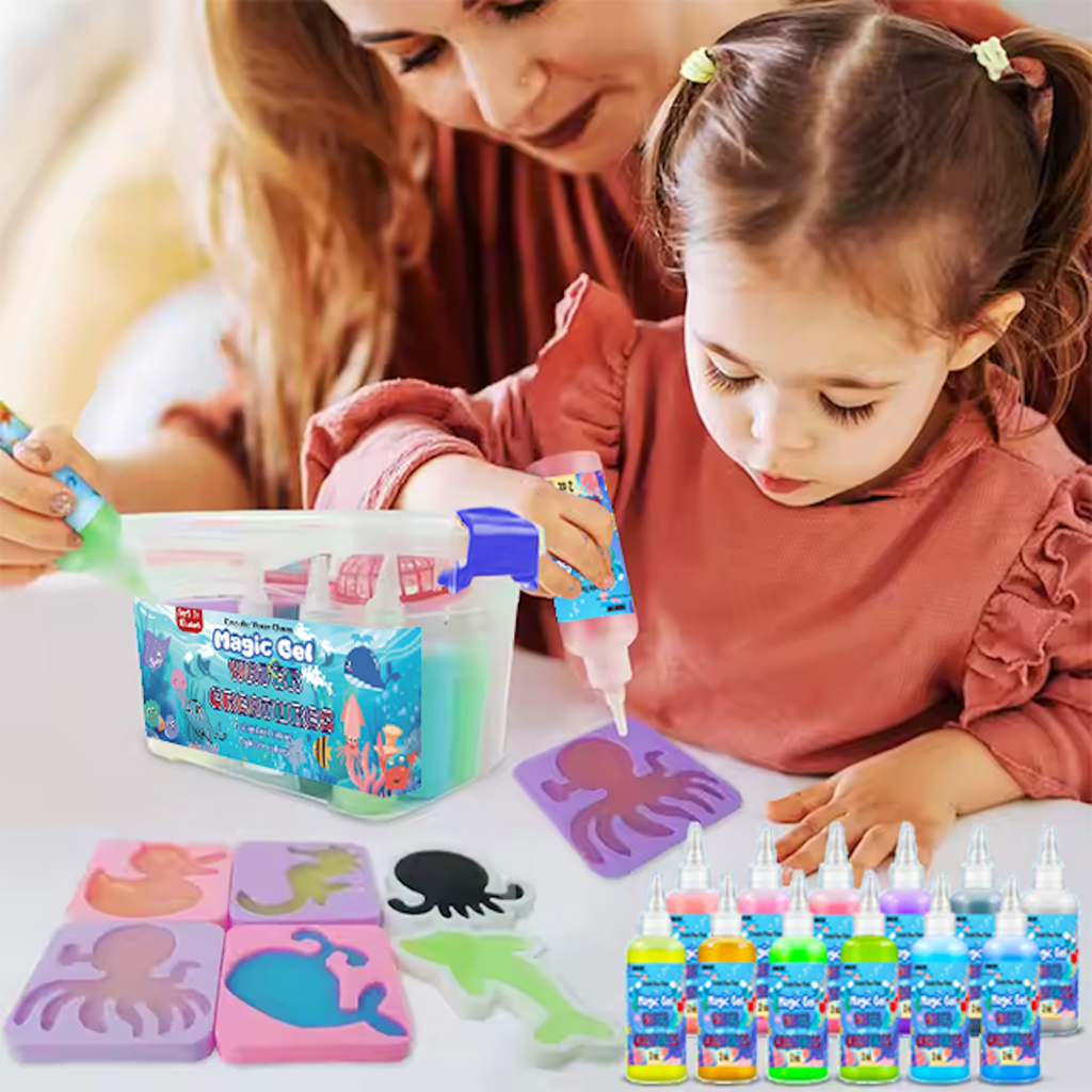 Child and adult using a Magic Gel Water Creature kit with various bottles and templates on a table.