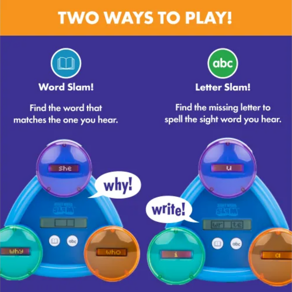 Educational game device with two modes 'Word Slam' and 'Letter Slam' on a blue background.