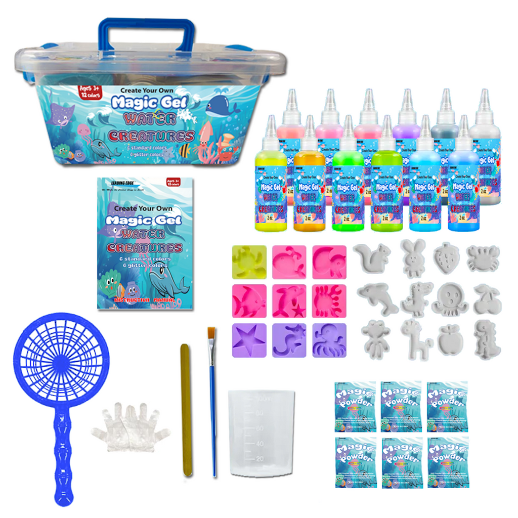 Magic Gel Create Your Own Creatures kit with various items including bottles, molds, and tools on a white background.