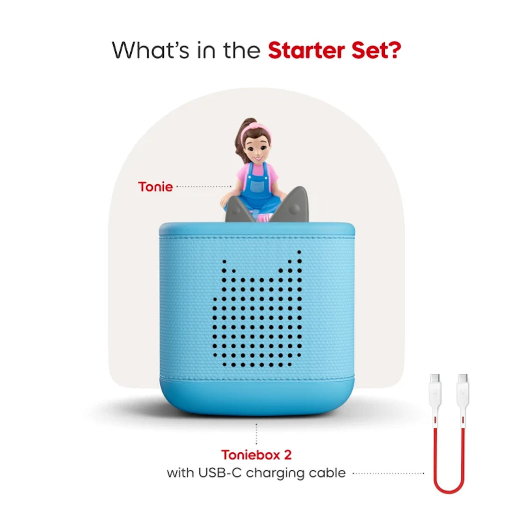 Toniebox 2 with USB-C charging cable and Ms Rachel tonie on a white background