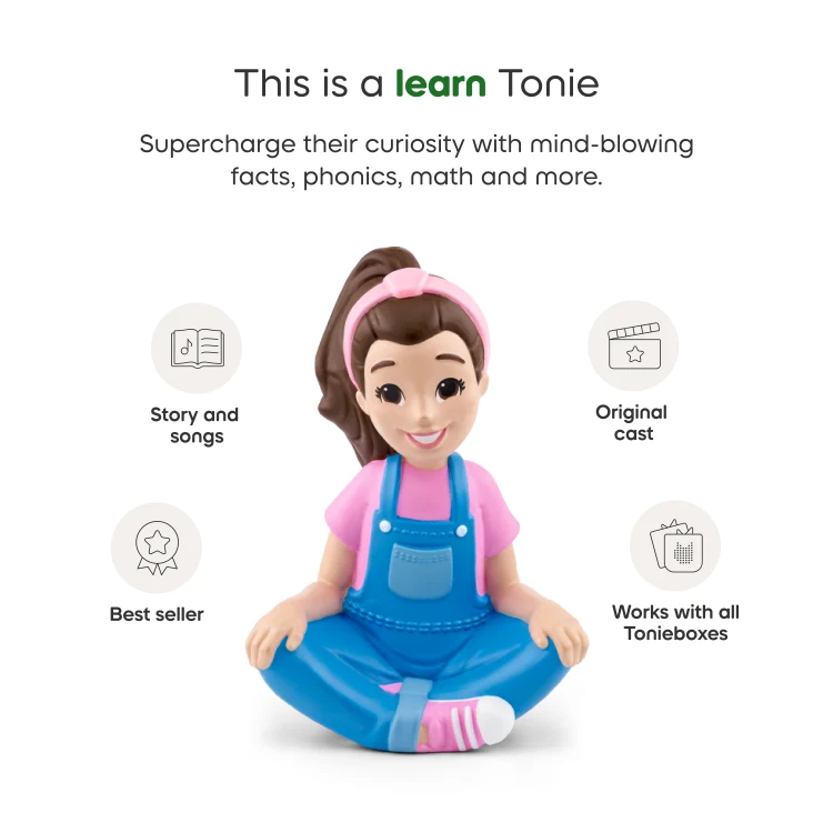 Ms Rachel Tonie with text about a 'learn Tonie' product on a white background