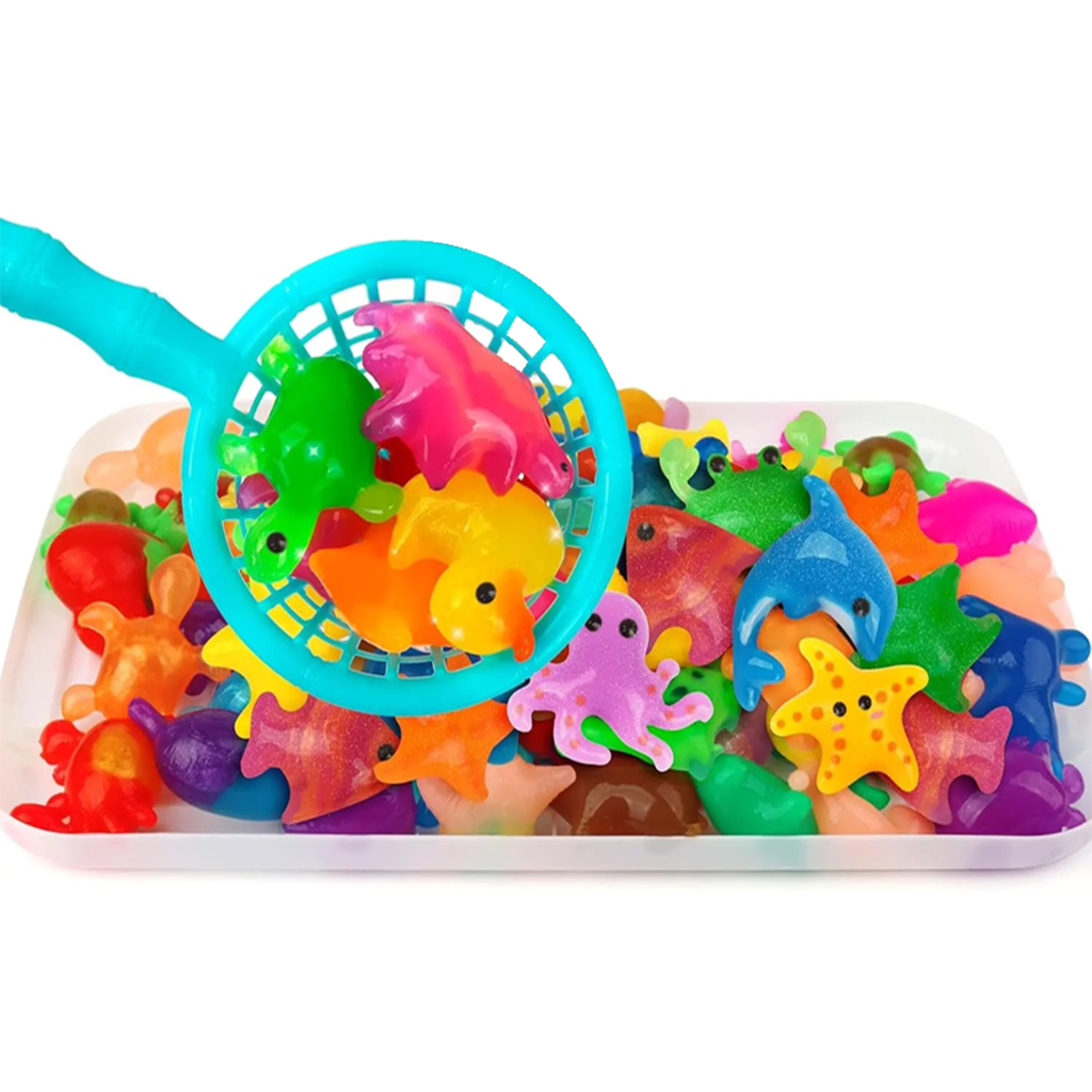 Various colorful sea creatures and a blue fishing net on a white background