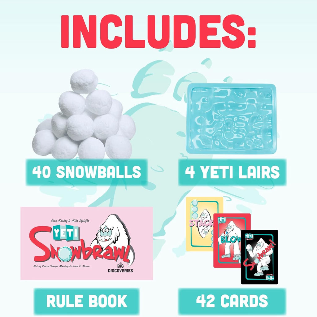 Everything included in Yeti Snowbrawl, including snowballs, yeti lairs, rulebook & playing cards 