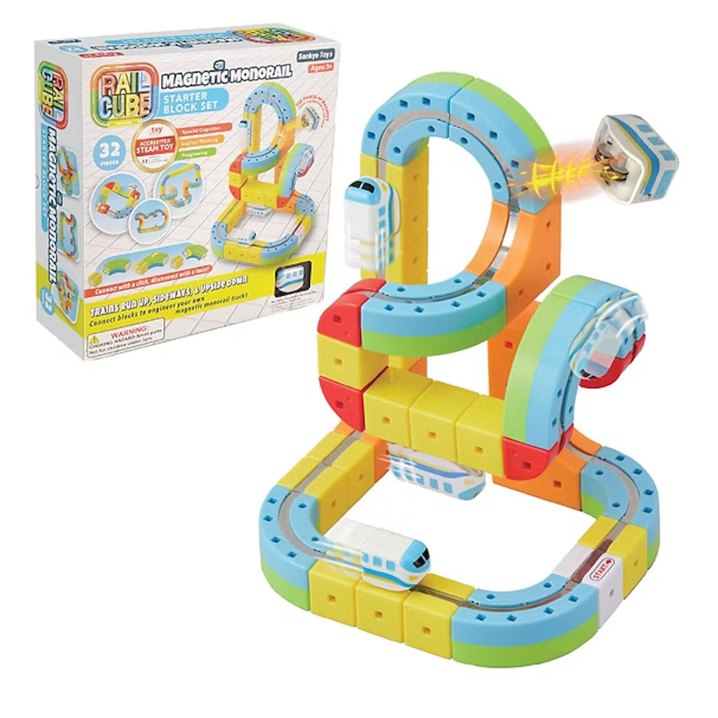 Colorful magnetic monorail toy set with train and packaging on a white background