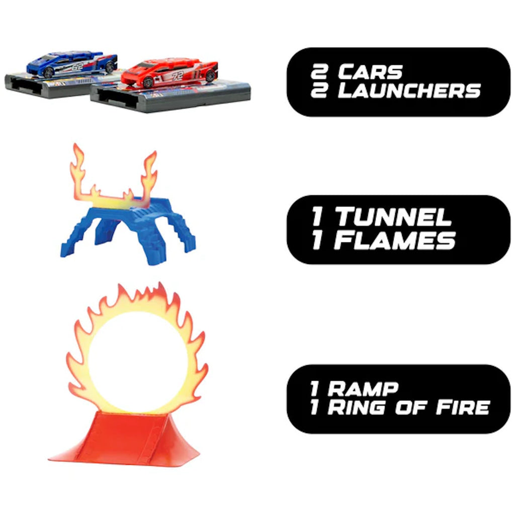 Toy car set with launchers, tunnel, flames, ramp, and ring of fire on a white background