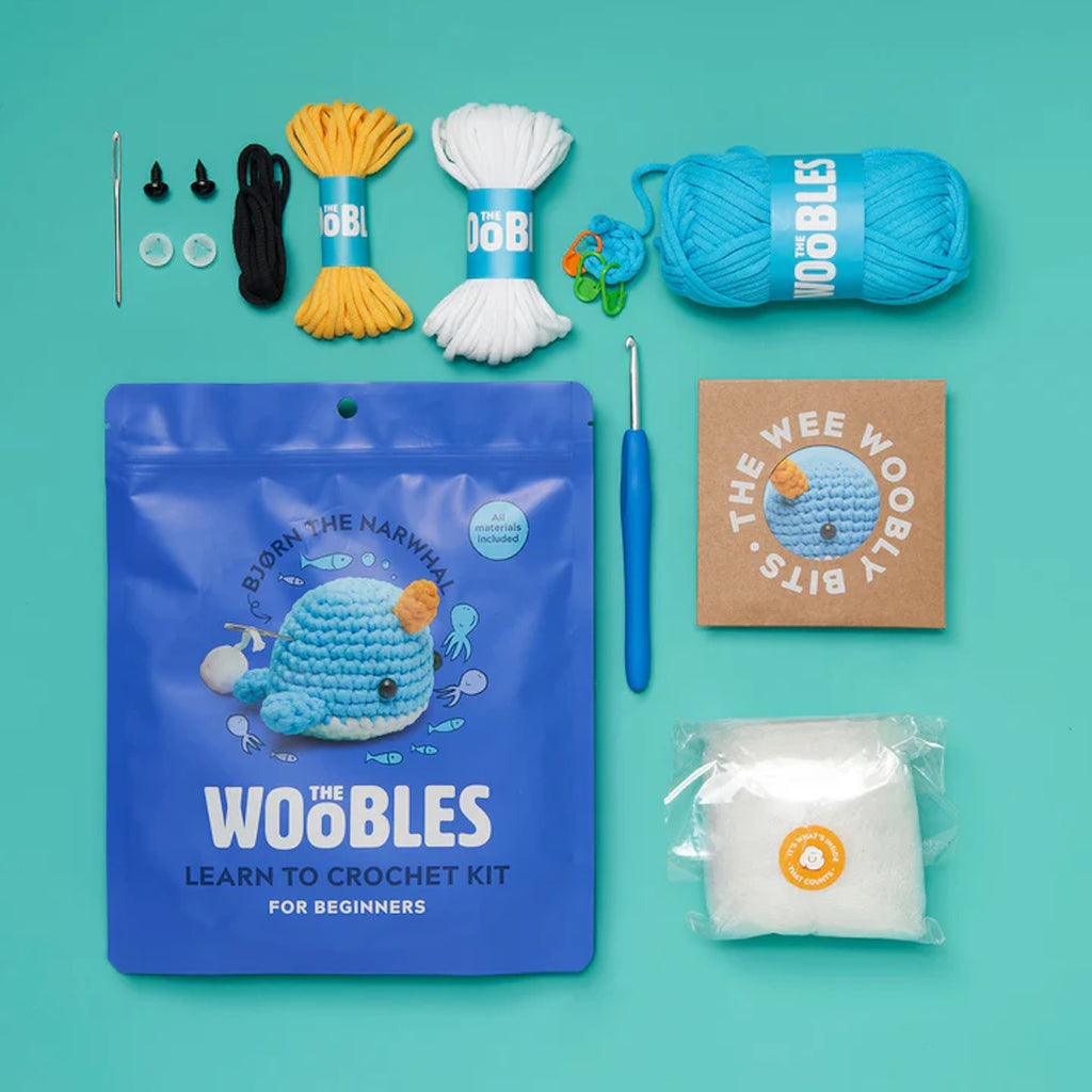 Woobles Crochet Kit Bjorn Narwhal Contents