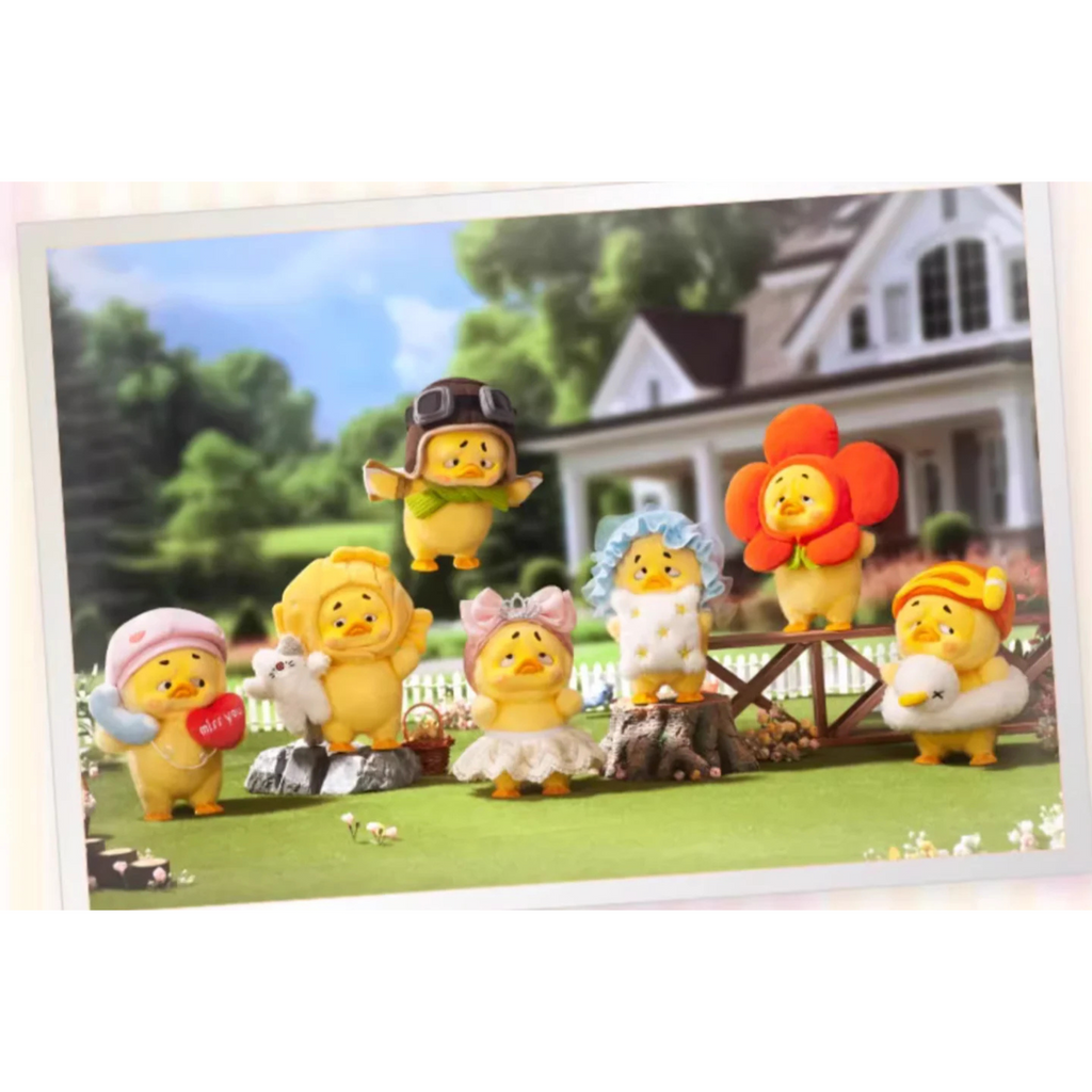 Animated duck characters in a garden setting with a house in the background