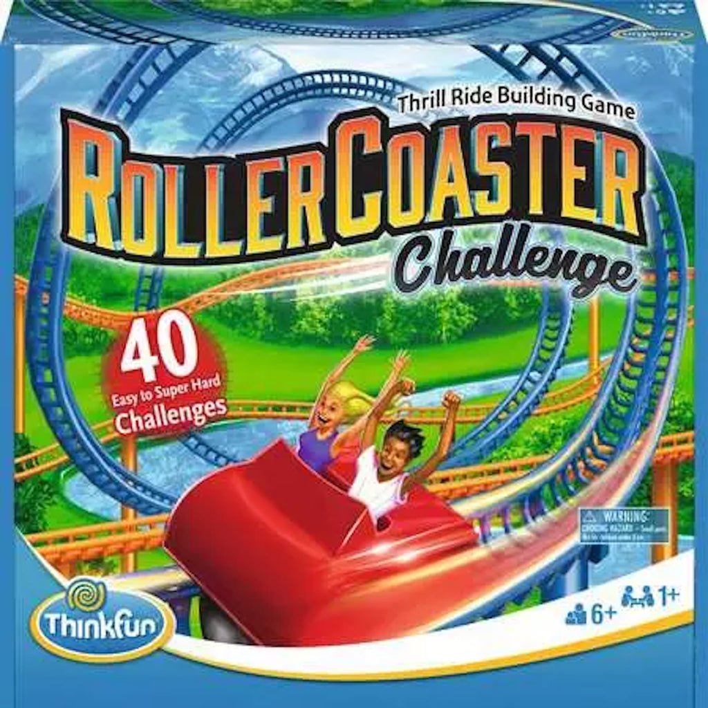 Rollercoaster Challenge game box with children on a roller coaster and Thinkfun logo.
