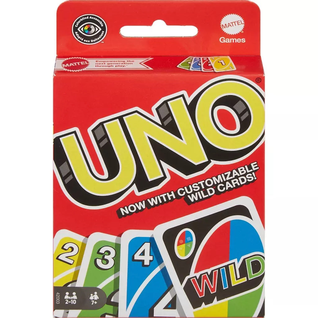 UNO card game packaging with white background and colorful card illustrations.