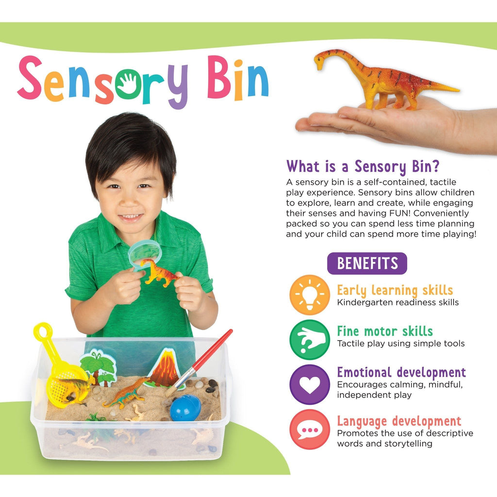 Boy Playing With Sensory Bin Dino Dig